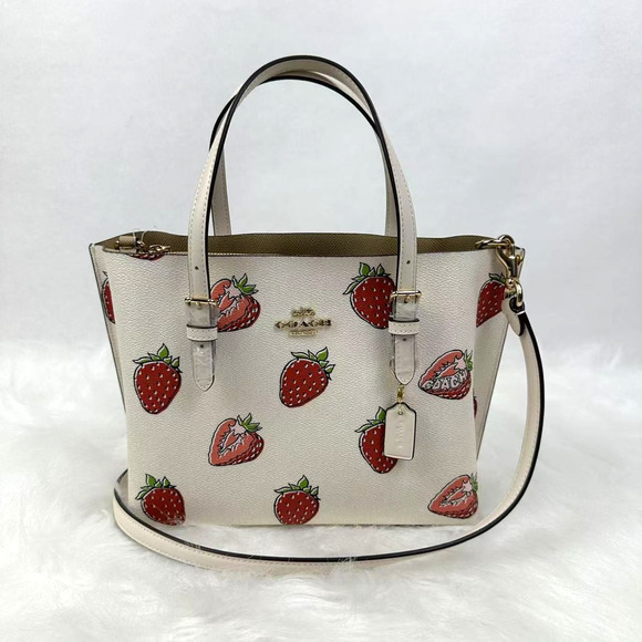 Coach Mollie Tote Bag 25 With Strawberry Print In Canvas/Gold/Chalk CAL66 NWT - Picture 1 of 11